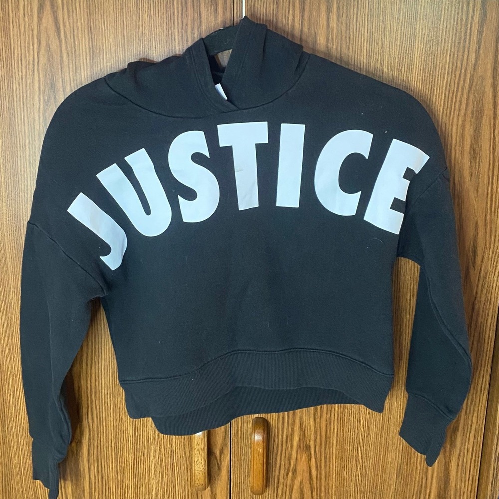 Justice Cropped Hoodie Girls Size 8 Black Logo Pullover Sweatshirt‎ Activewear